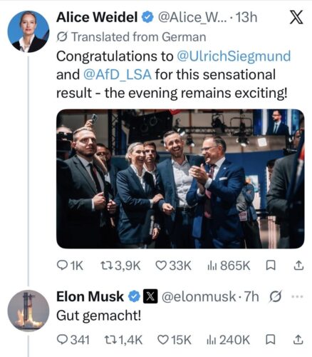 AfD federal leader Alice Weidel celebrating the party's election result in the German state of Saxony-Anhalt. Elon Musk replying to her in German: Well done!