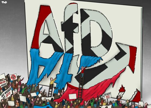 An AfD poster is peeled off to reveal a Nazi flag